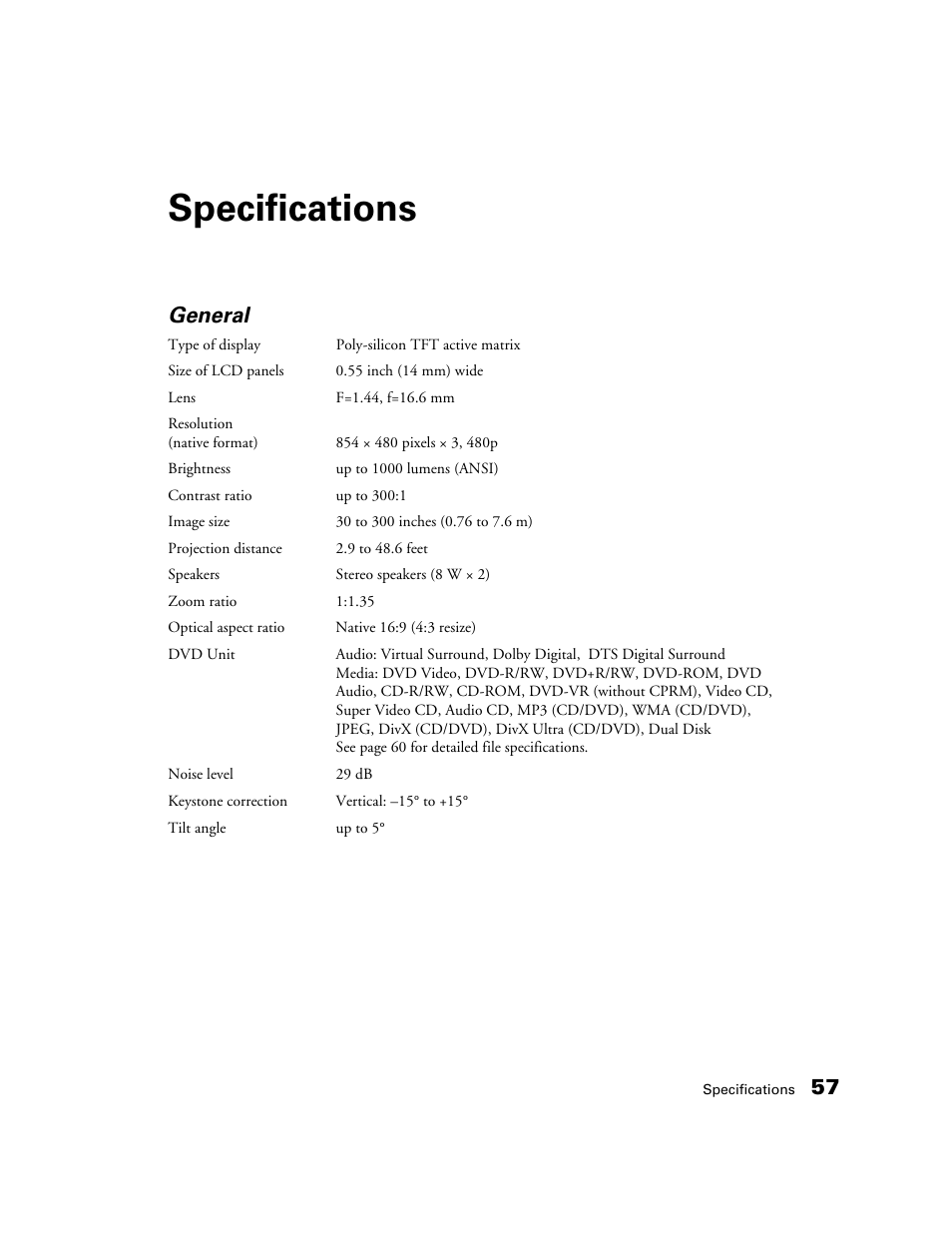 Specifications, General | Epson 50 User Manual | Page 57 / 65