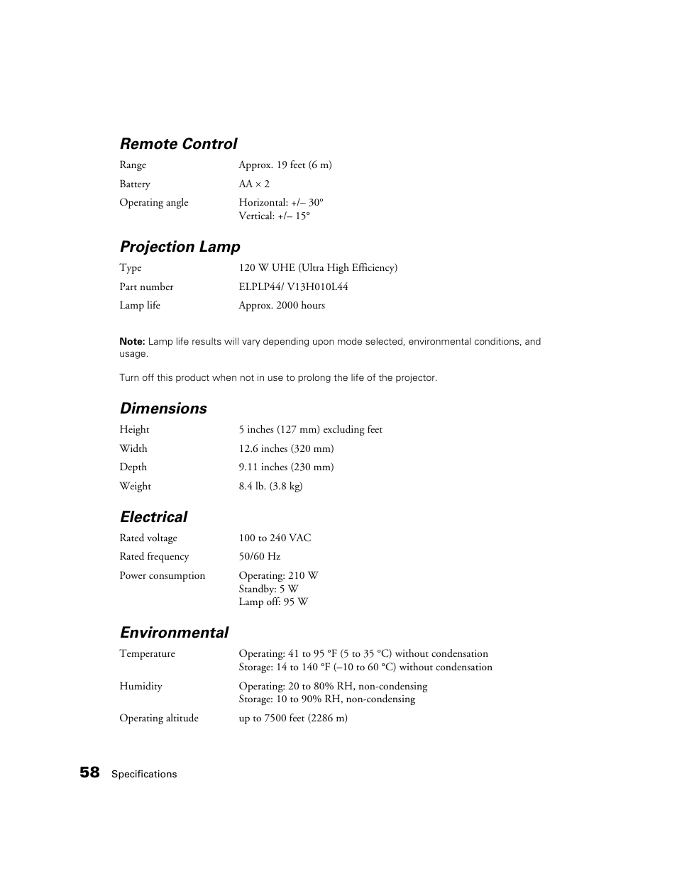 Remote control, Projection lamp, Dimensions | Electrical, Environmental | Epson 50 User Manual | Page 58 / 65