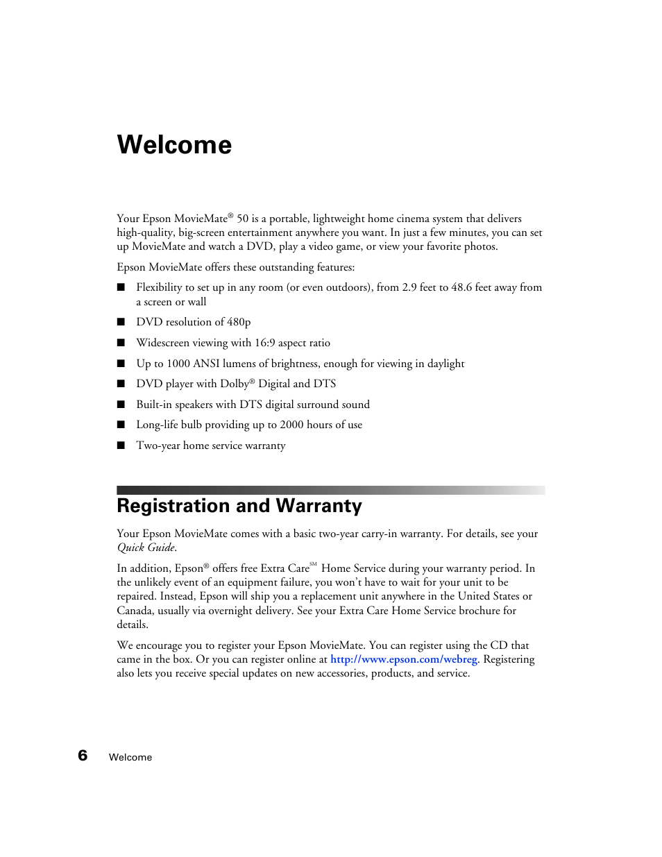 Welcome, Registration and warranty | Epson 50 User Manual | Page 6 / 65