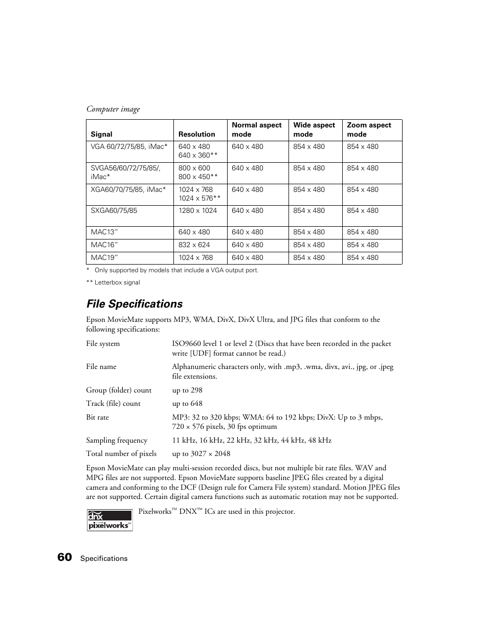 File specifications | Epson 50 User Manual | Page 60 / 65