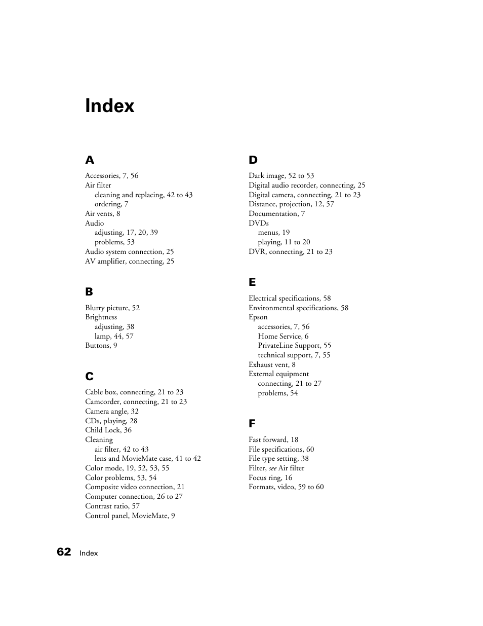 Index | Epson 50 User Manual | Page 62 / 65