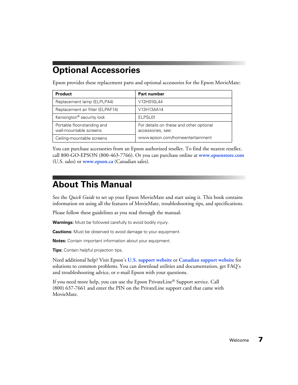 Optional accessories, About this manual | Epson 50 User Manual | Page 7 / 65