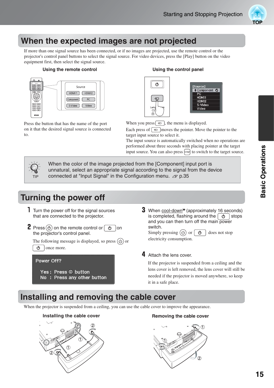 When the expected images are not projected, Turning the power off, Installing and removing the cable cover | When the expected images are, Not projected | Epson EH-TW5500 User Manual | Page 17 / 61