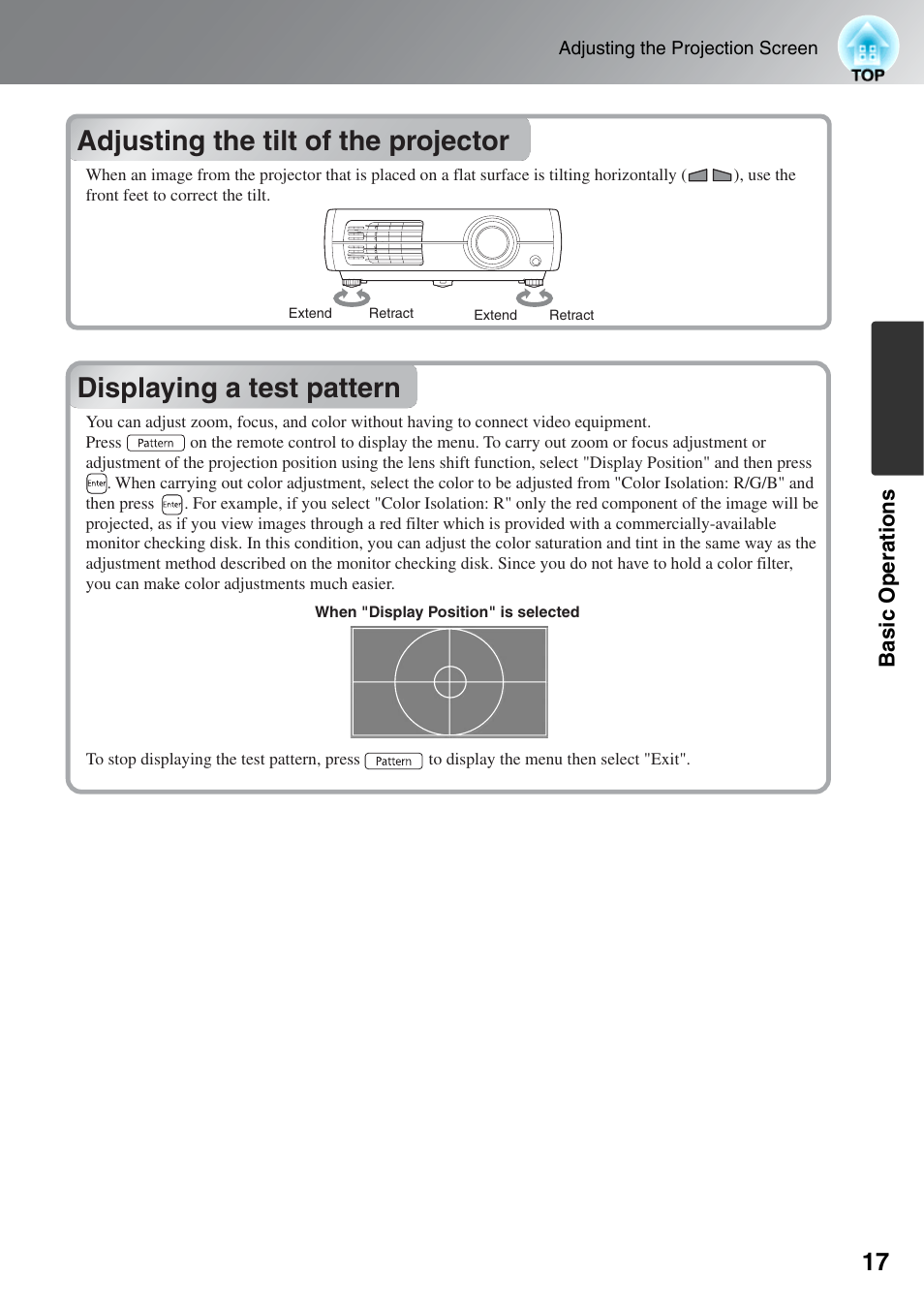Adjusting the tilt of the projector, Displaying a test pattern | Epson EH-TW5500 User Manual | Page 19 / 61