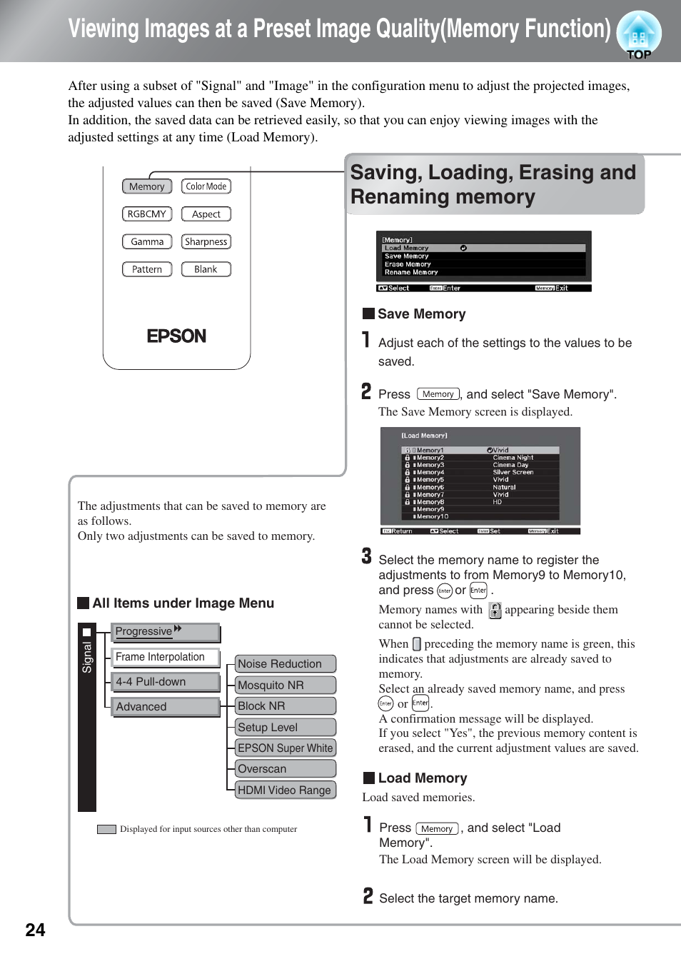 Saving, loading, erasing and renaming memory, Viewing images at a preset image quality, Memory function) | Saving, loading, erasing and renaming, Memory | Epson EH-TW5500 User Manual | Page 26 / 61