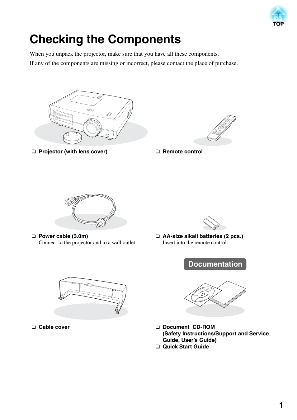 Checking the components | Epson EH-TW5500 User Manual | Page 3 / 61