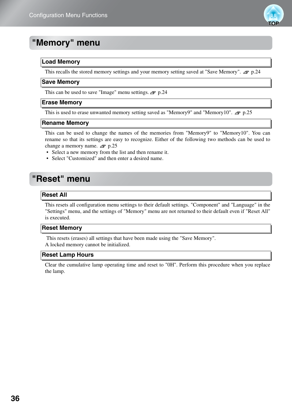 Memory" menu, Reset" menu | Epson EH-TW5500 User Manual | Page 38 / 61
