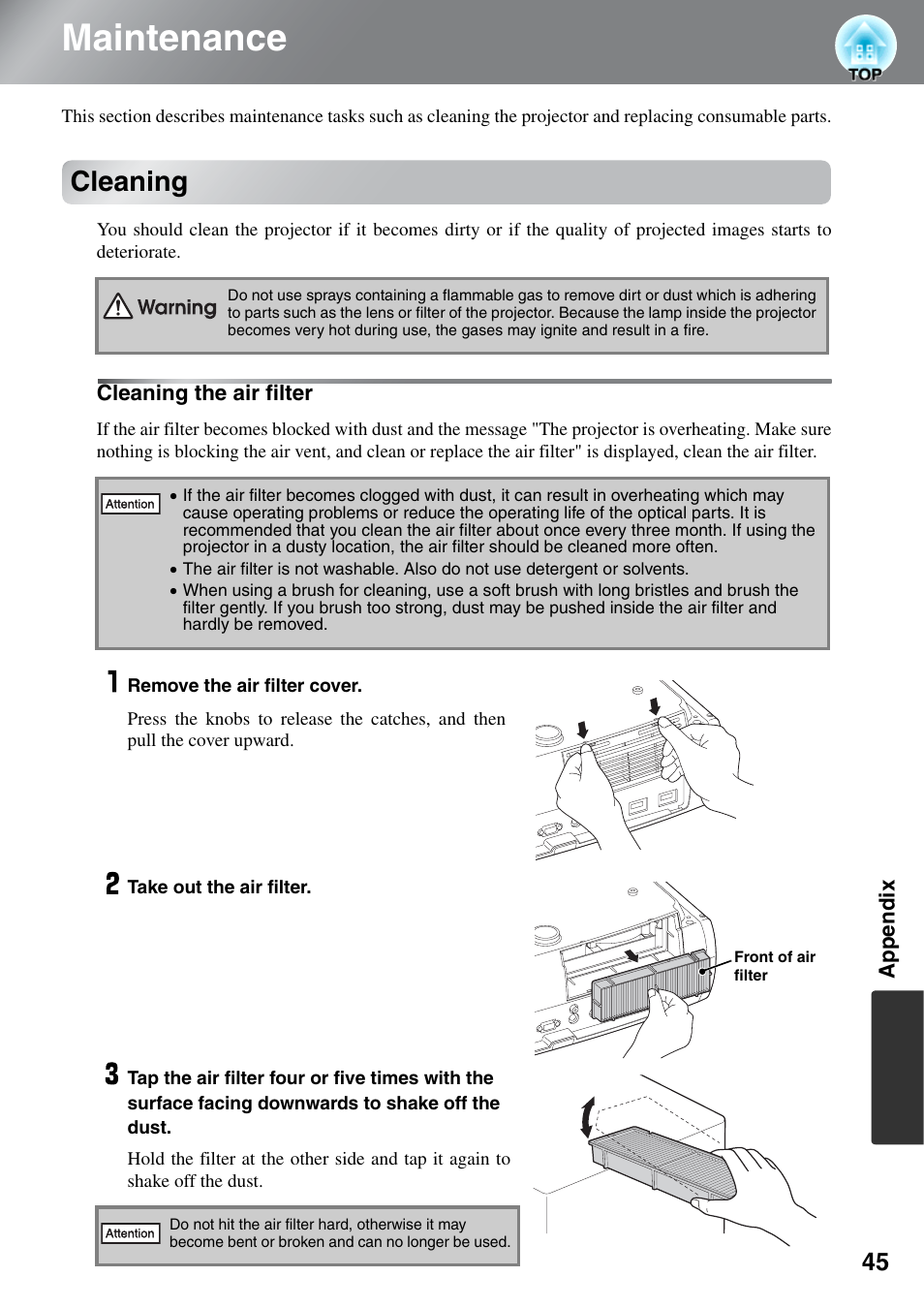 Maintenance, Cleaning, Cleaning the air filter | Epson EH-TW5500 User Manual | Page 47 / 61