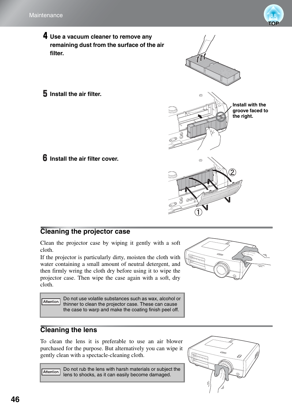 Cleaning the projector case, Cleaning the lens | Epson EH-TW5500 User Manual | Page 48 / 61
