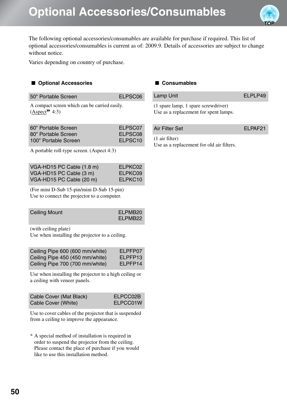 Optional accessories/consumables | Epson EH-TW5500 User Manual | Page 52 / 61