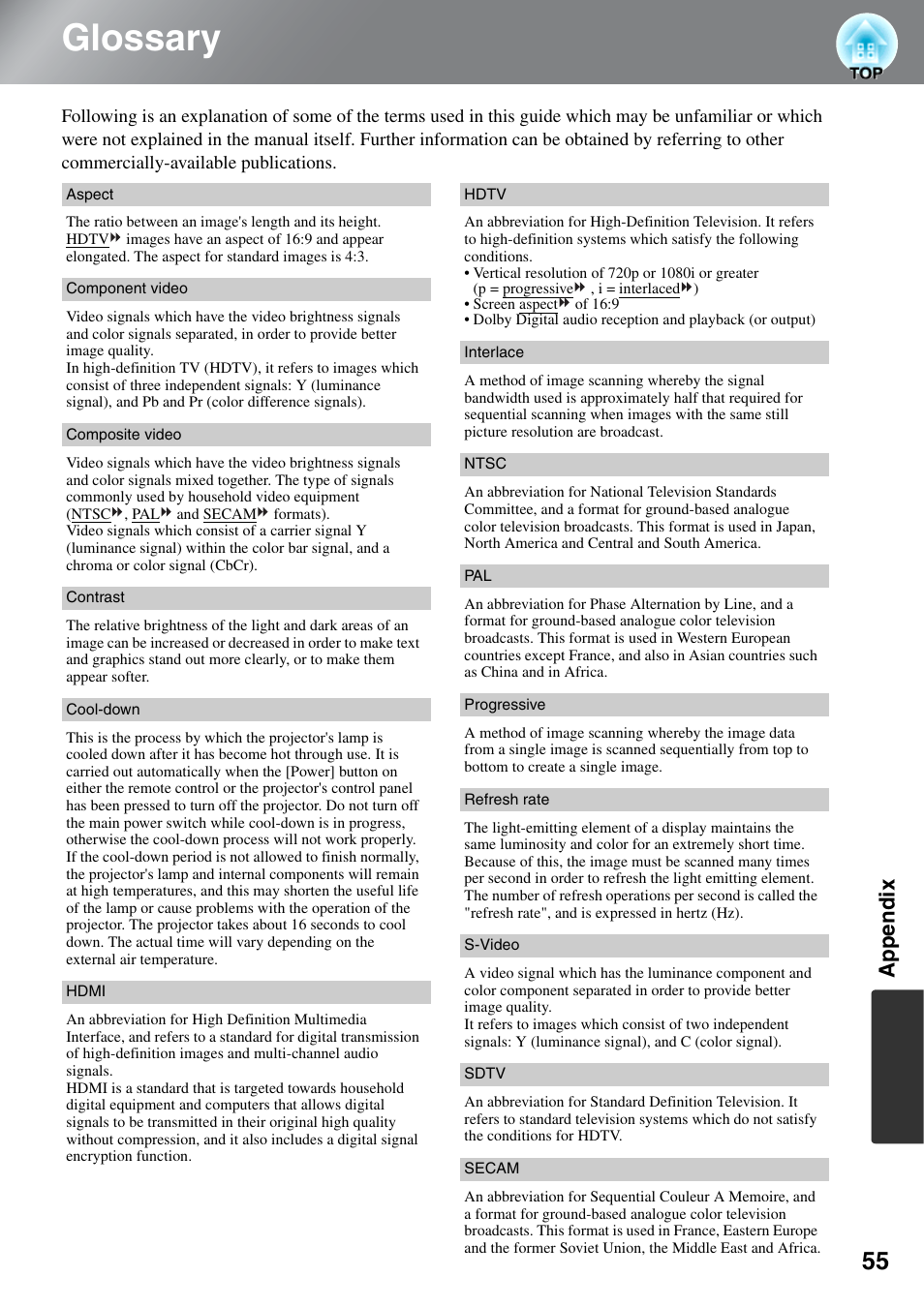 Glossary, Appendix | Epson EH-TW5500 User Manual | Page 57 / 61