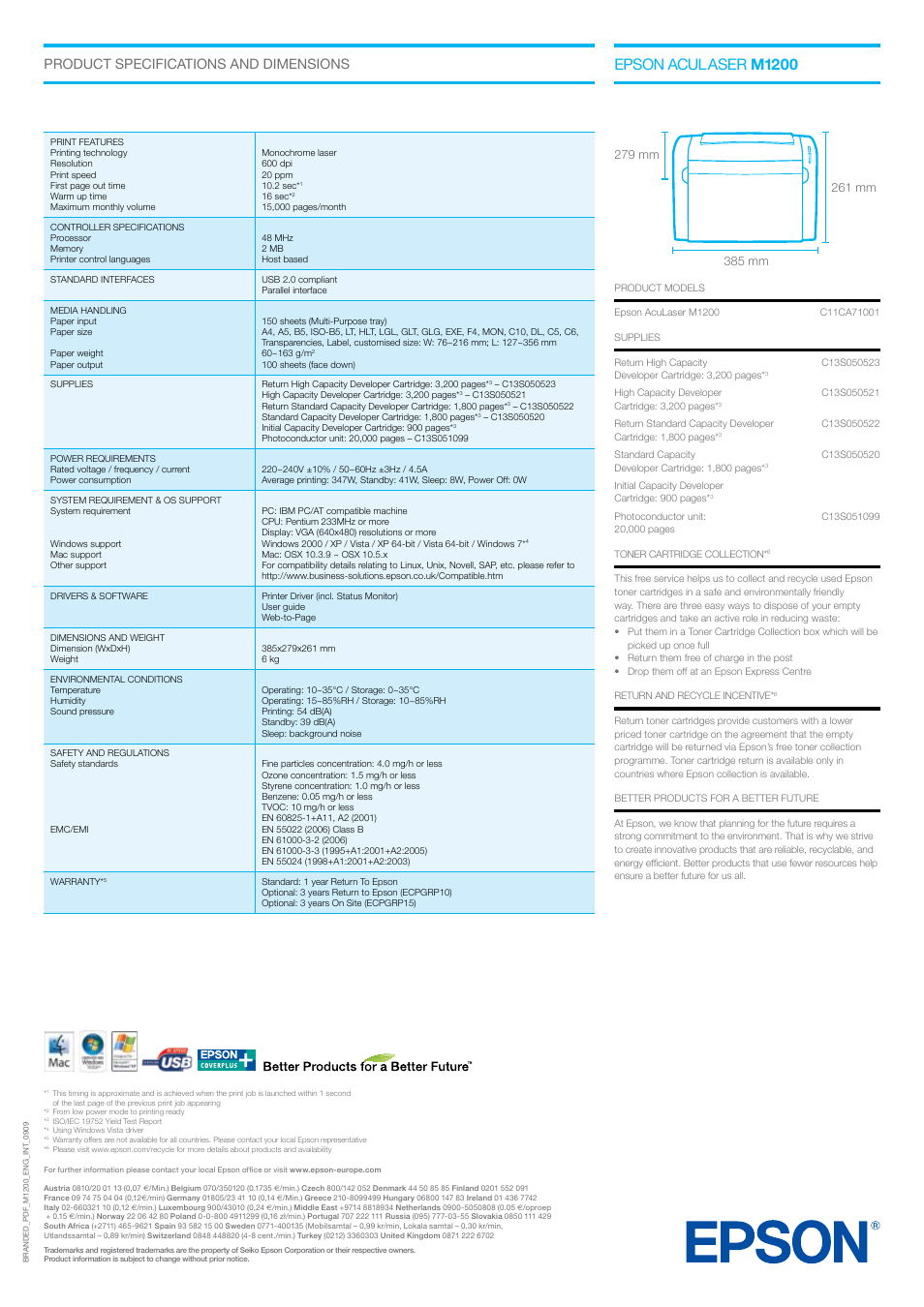 Epson aculaser m1200, Product specifications and dimensions | Epson Aculaser M1200 User Manual | Page 2 / 2