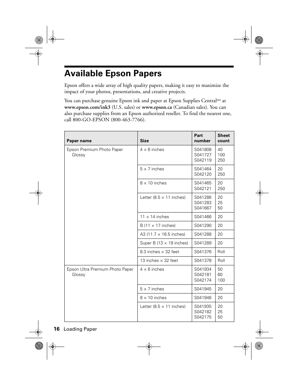 Available epson papers | Epson STYLUS R2880 User Manual | Page 16 / 64