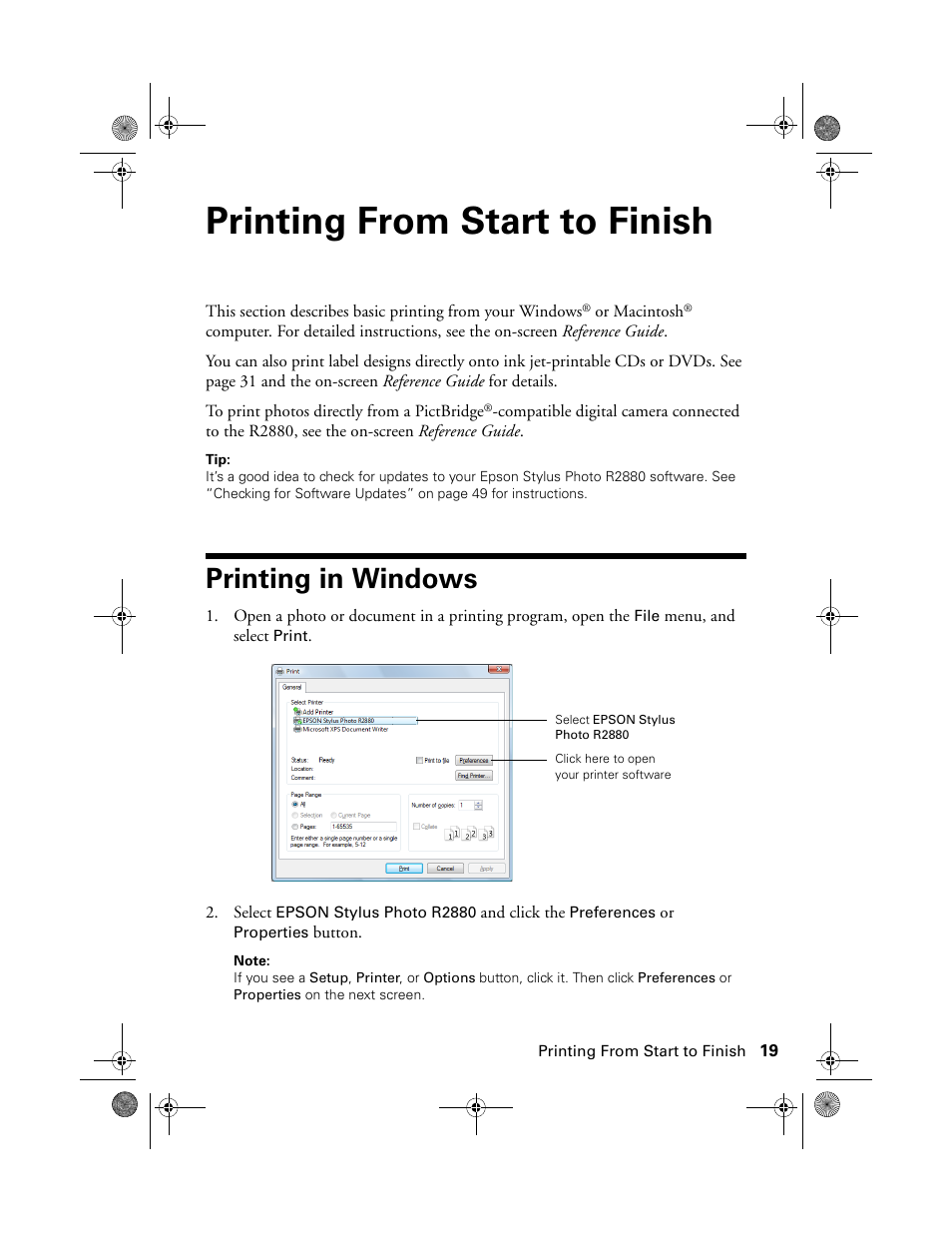 Printing from start to finish, Printing in windows | Epson STYLUS R2880 User Manual | Page 19 / 64