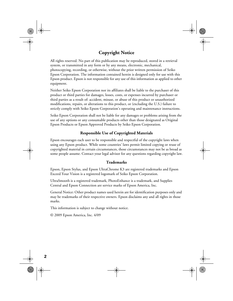Copyright notice, Responsible use of copyrighted materials, Trademarks | Epson STYLUS R2880 User Manual | Page 2 / 64
