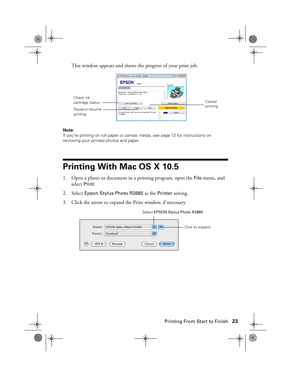 Printing with mac os x 10.5 | Epson STYLUS R2880 User Manual | Page 23 / 64