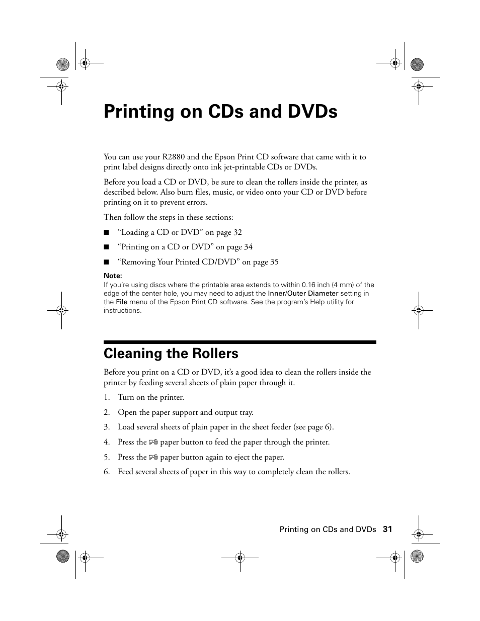 Printing on cds and dvds, Cleaning the rollers | Epson STYLUS R2880 User Manual | Page 31 / 64