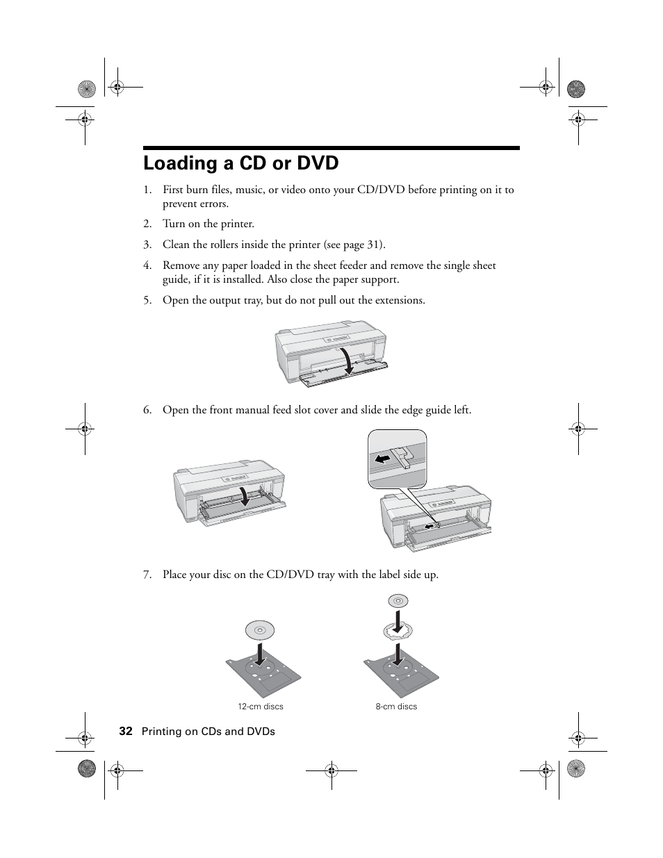 Loading a cd or dvd | Epson STYLUS R2880 User Manual | Page 32 / 64