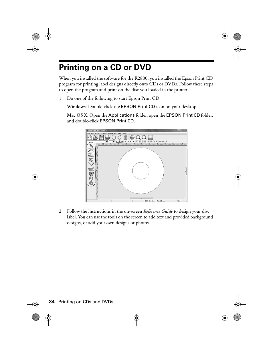 Printing on a cd or dvd | Epson STYLUS R2880 User Manual | Page 34 / 64