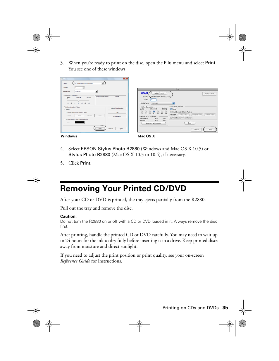 Removing your printed cd/dvd | Epson STYLUS R2880 User Manual | Page 35 / 64