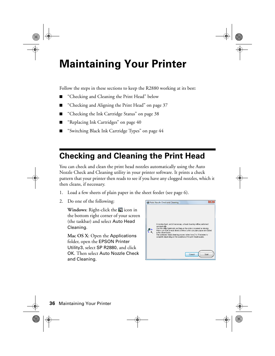 Maintaining your printer, Checking and cleaning the print head | Epson STYLUS R2880 User Manual | Page 36 / 64