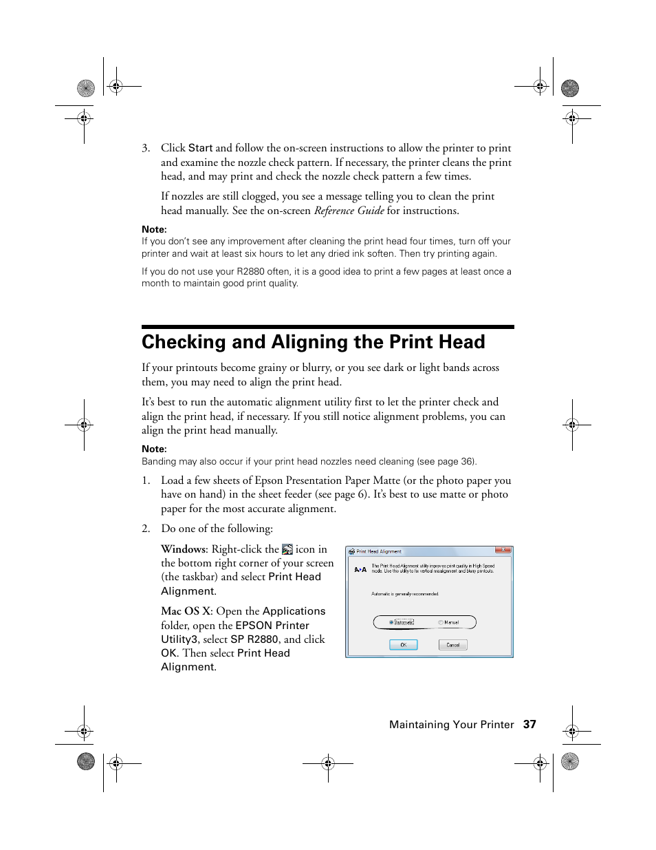 Checking and aligning the print head | Epson STYLUS R2880 User Manual | Page 37 / 64