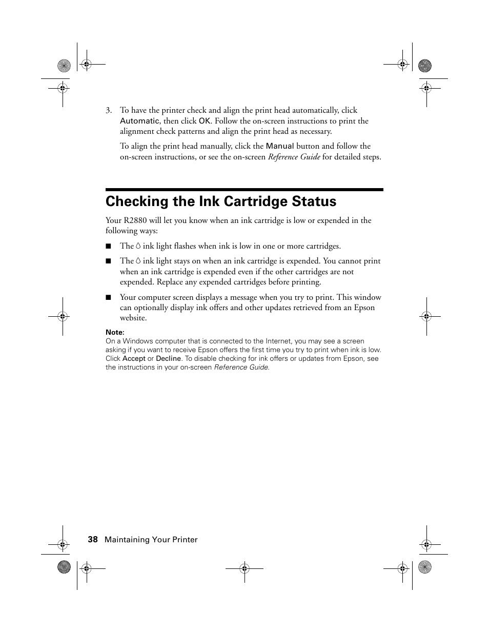 Checking the ink cartridge status | Epson STYLUS R2880 User Manual | Page 38 / 64