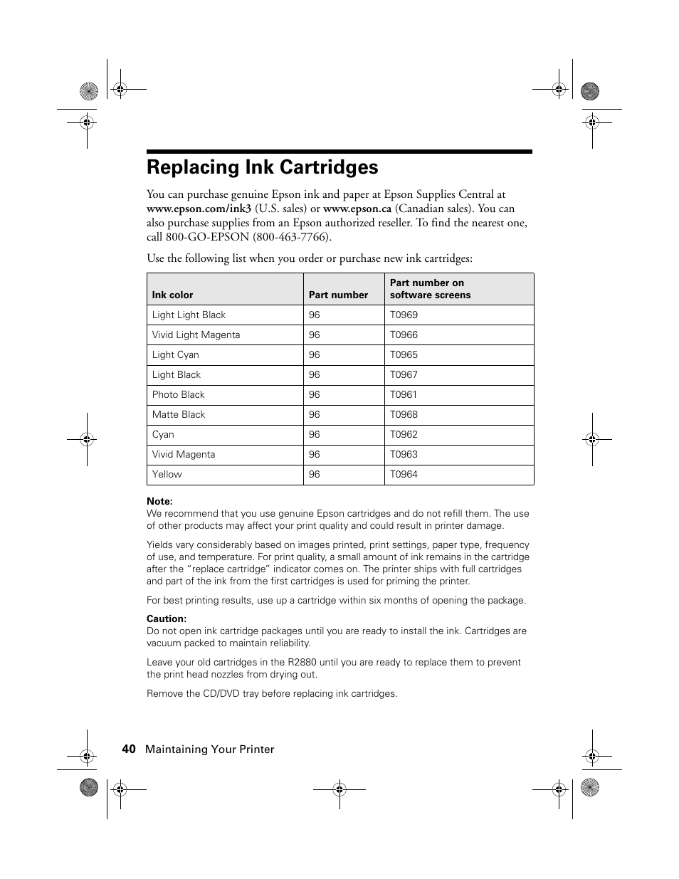 Replacing ink cartridges | Epson STYLUS R2880 User Manual | Page 40 / 64