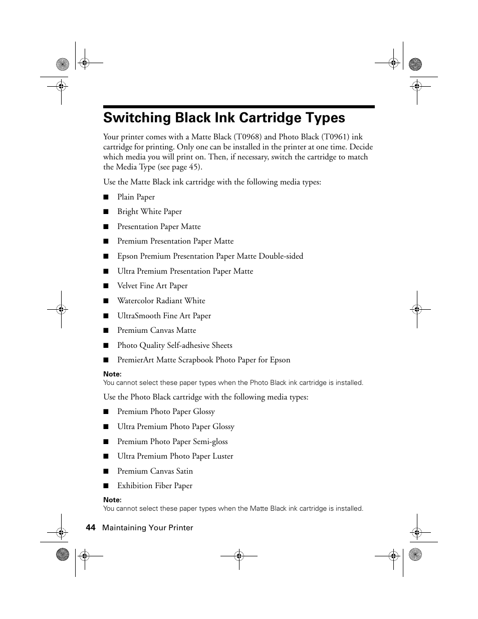 Switching black ink cartridge types | Epson STYLUS R2880 User Manual | Page 44 / 64