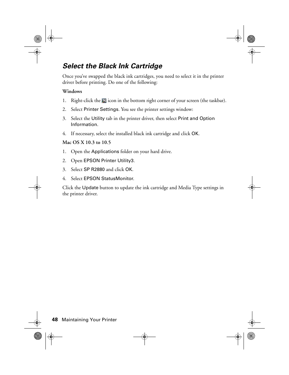 Select the black ink cartridge | Epson STYLUS R2880 User Manual | Page 48 / 64