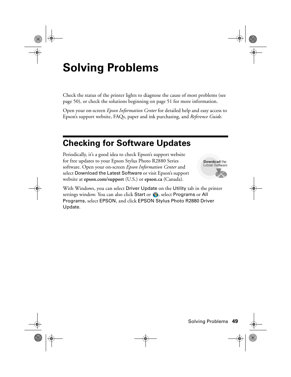 Solving problems, Checking for software updates | Epson STYLUS R2880 User Manual | Page 49 / 64