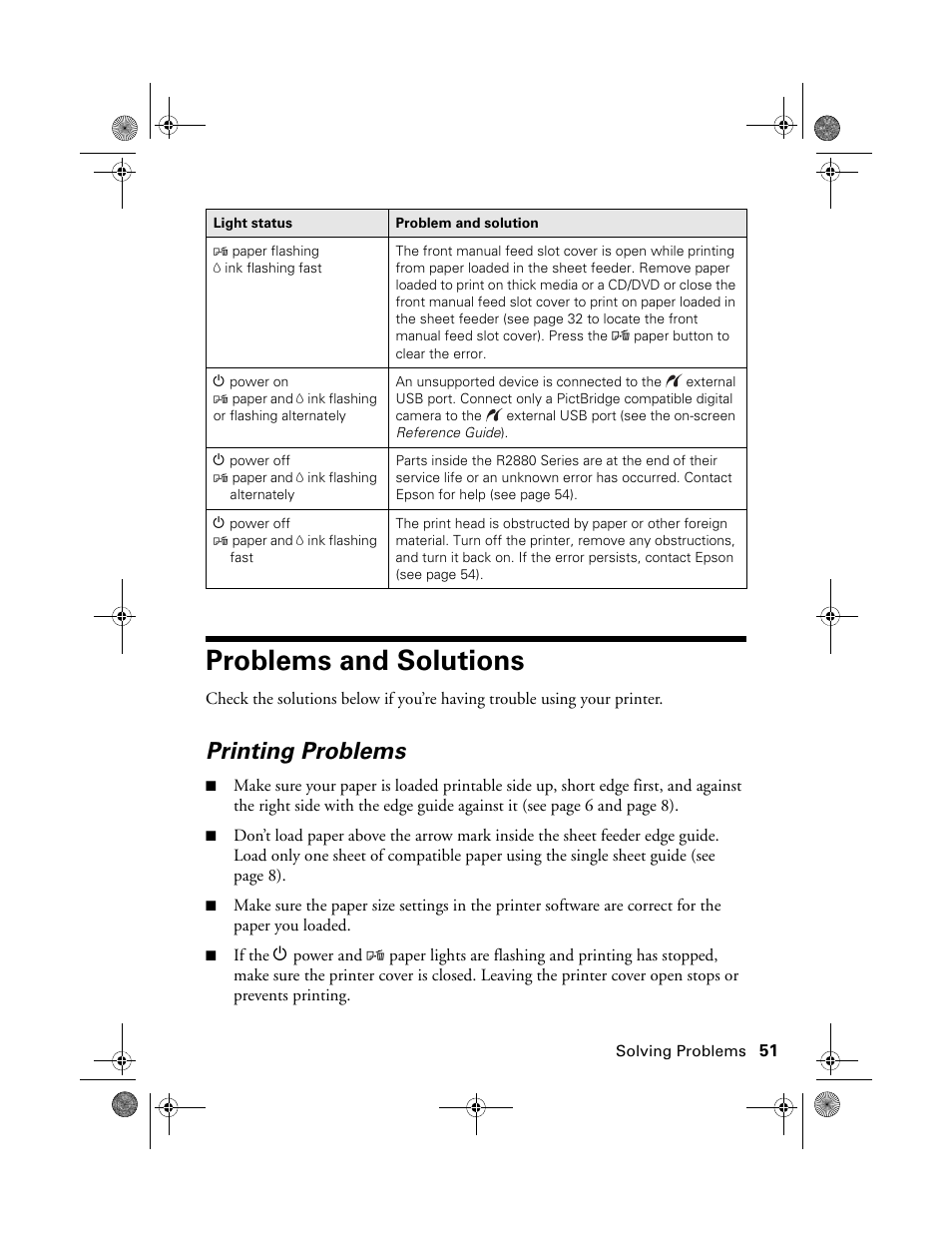 Problems and solutions, Printing problems | Epson STYLUS R2880 User Manual | Page 51 / 64