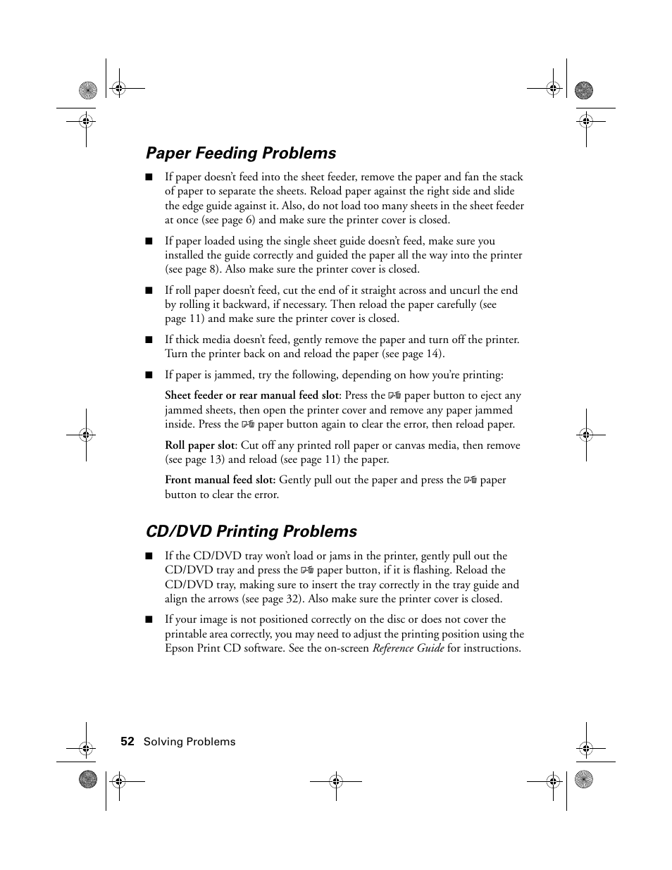 Paper feeding problems, Cd/dvd printing problems | Epson STYLUS R2880 User Manual | Page 52 / 64