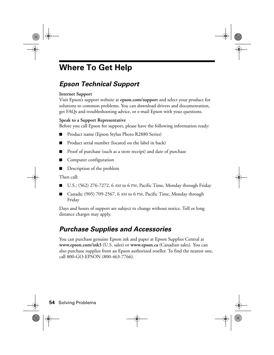 Where to get help, Epson technical support, Purchase supplies and accessories | Epson STYLUS R2880 User Manual | Page 54 / 64