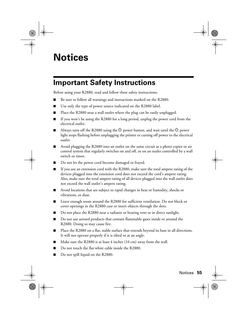 Notices, Important safety instructions | Epson STYLUS R2880 User Manual | Page 55 / 64