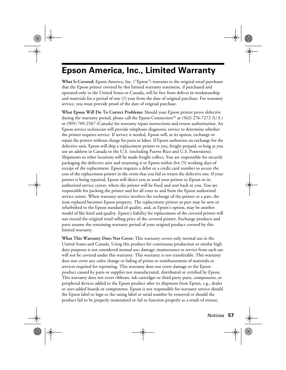 Epson america, inc., limited warranty, Warranty | Epson STYLUS R2880 User Manual | Page 57 / 64