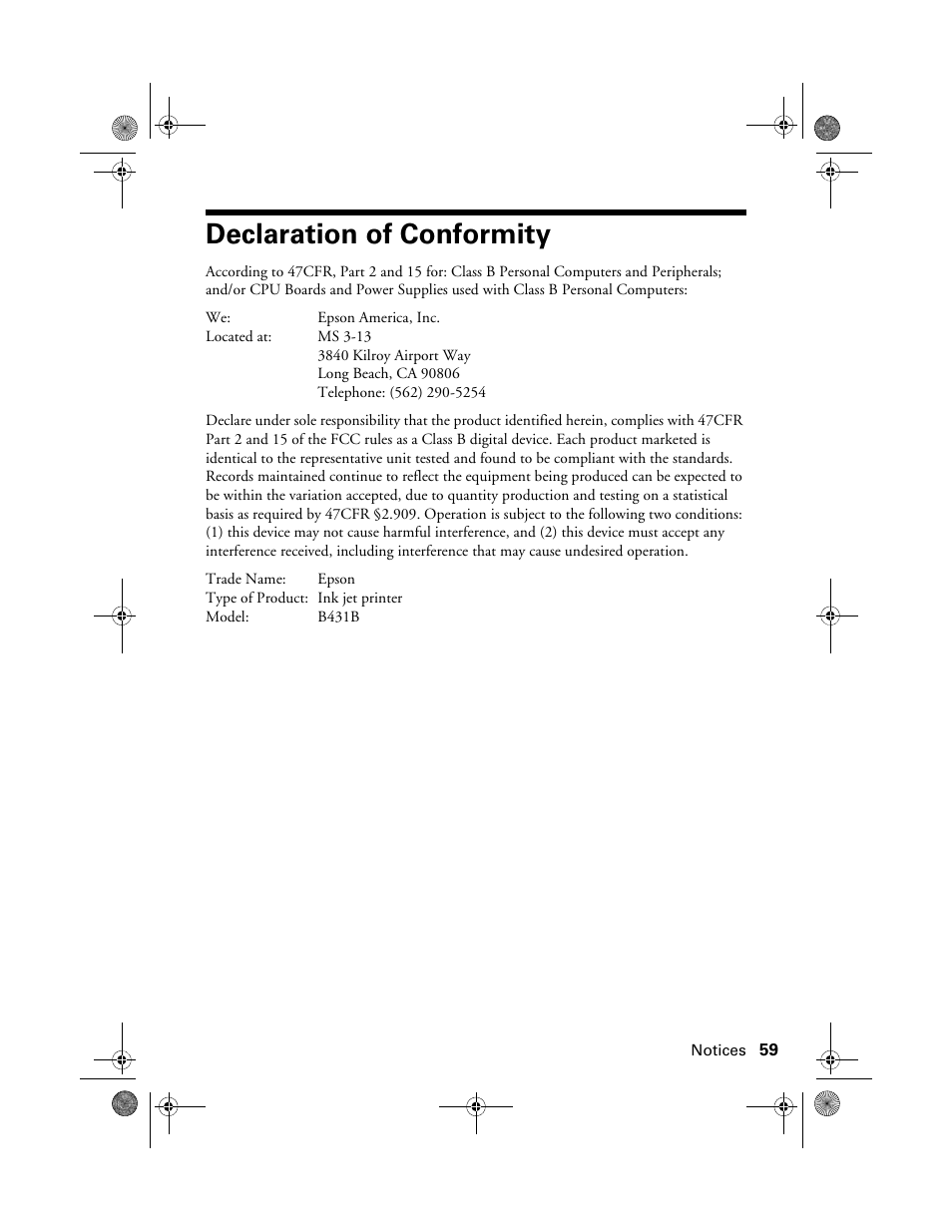 Declaration of conformity | Epson STYLUS R2880 User Manual | Page 59 / 64