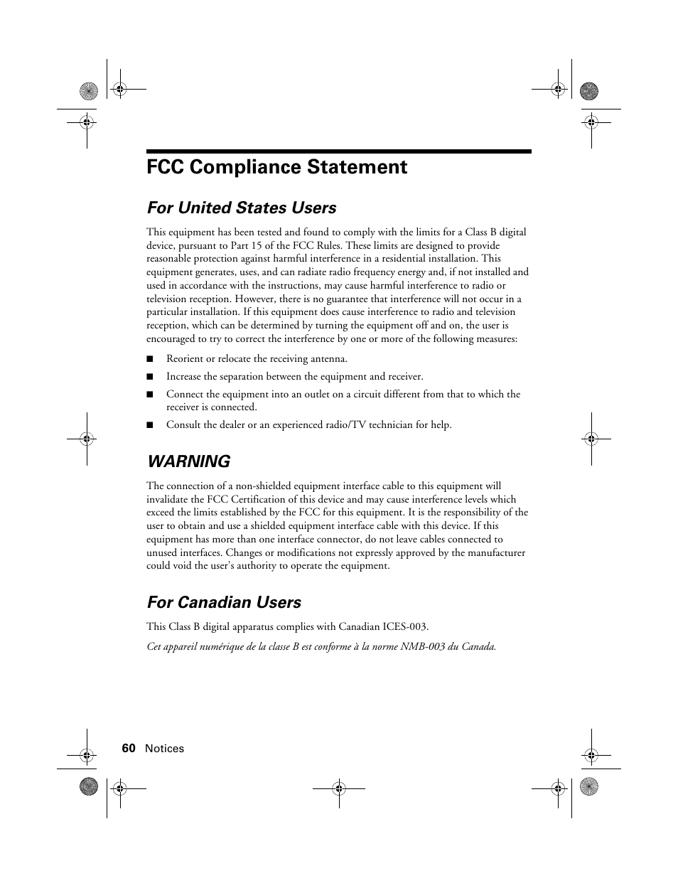 Fcc compliance statement, For united states users, Warning | For canadian users | Epson STYLUS R2880 User Manual | Page 60 / 64