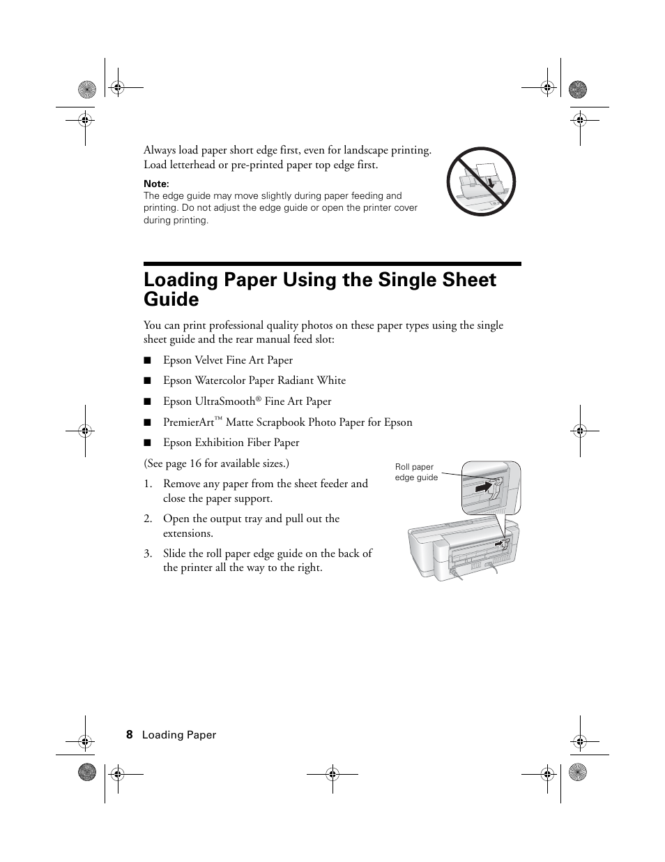 Loading paper using the single sheet guide | Epson STYLUS R2880 User Manual | Page 8 / 64