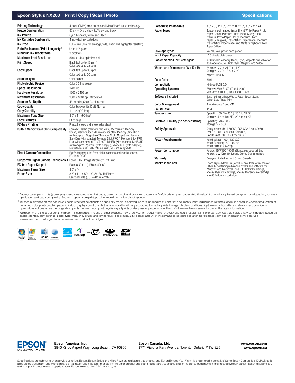Epson stylus nx200 print | copy | scan | photo, Specifications | Epson Stylus NX200 User Manual | Page 2 / 2