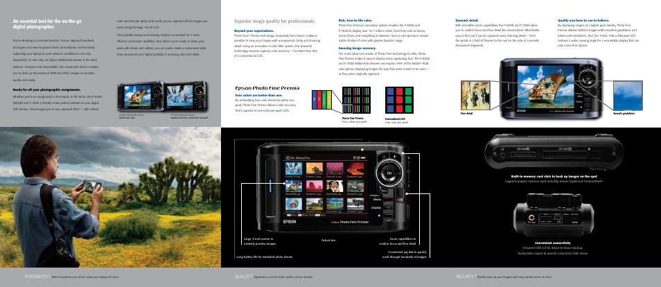 Superior image quality for professionals, Portability, Quality | Security | Epson Multimedia Photo Viewer P-7000 User Manual | Page 4 / 6