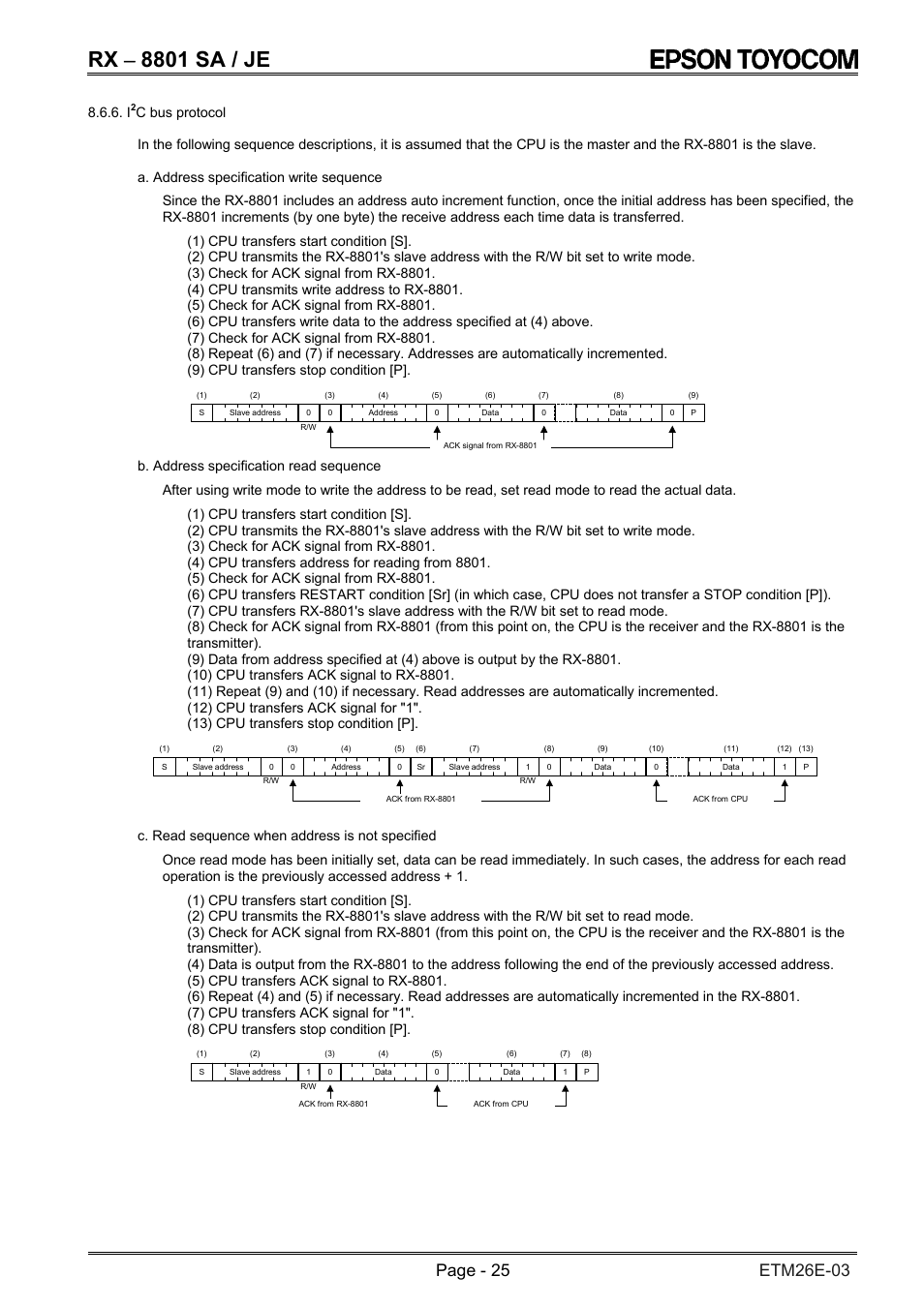 Rx − 8801 sa / je, B. address specification read sequence, C. read sequence when address is not specified | Epson RX-8801SA/JE User Manual | Page 28 / 34