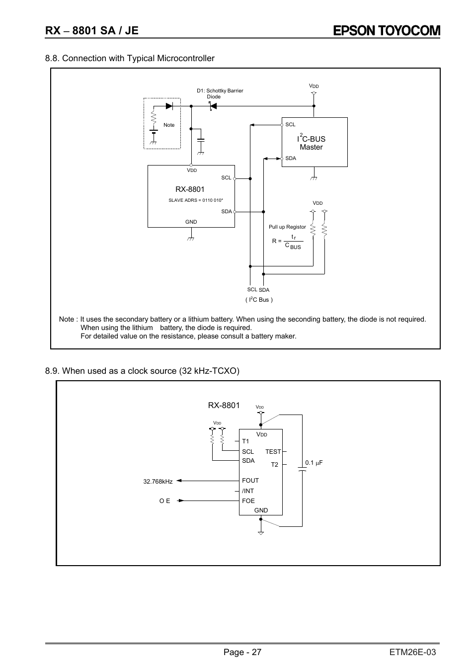 Rx − 8801 sa / je, Connection with typical microcontroller, When used as a clock source (32 khz-tcxo) | Rx-8801 | Epson RX-8801SA/JE User Manual | Page 30 / 34