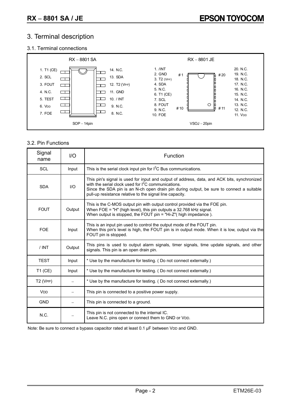 Rx − 8801 sa / je, Terminal description, Terminal connections | Pin functions, Signal name i/o function | Epson RX-8801SA/JE User Manual | Page 5 / 34