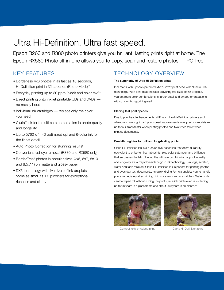 Ultra hi-definition. ultra fast speed, Key features, Technology overview | Epson R Series User Manual | Page 2 / 6