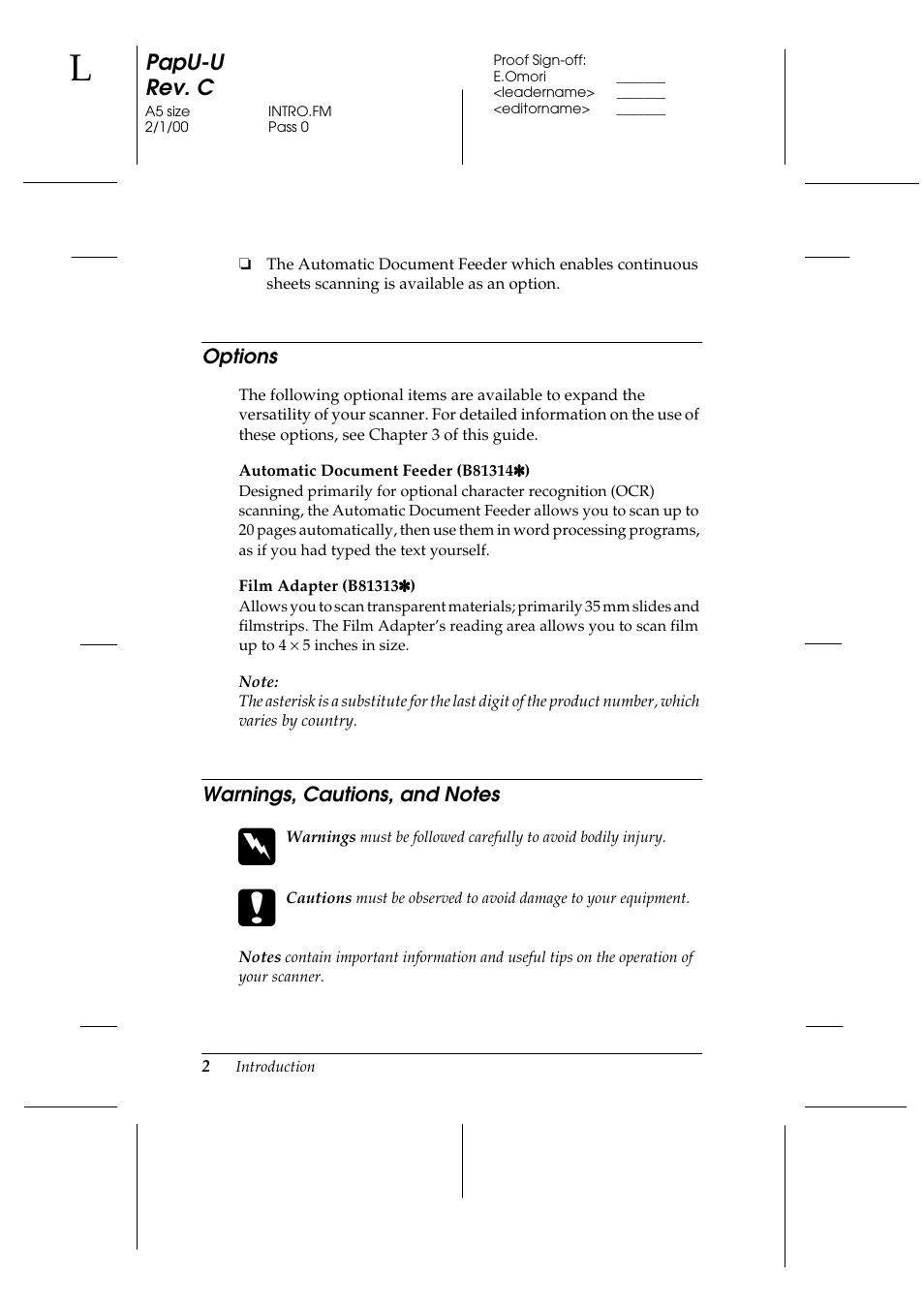 Options, Warnings, cautions, and notes, Options warnings, cautions, and notes | Papu-u rev. c | Epson GT-7000 User Manual | Page 10 / 120