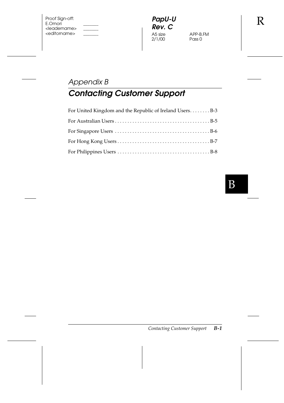 B. contacting customer support, Appendix b, Contacting customer support | Papu-u rev. c | Epson GT-7000 User Manual | Page 101 / 120