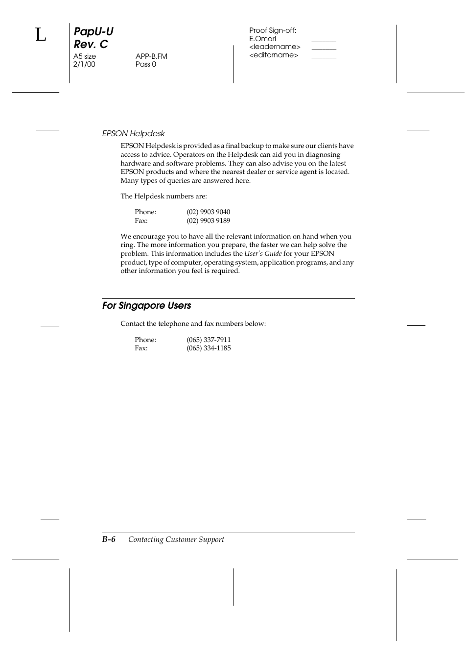 For singapore users, Papu-u rev. c | Epson GT-7000 User Manual | Page 106 / 120