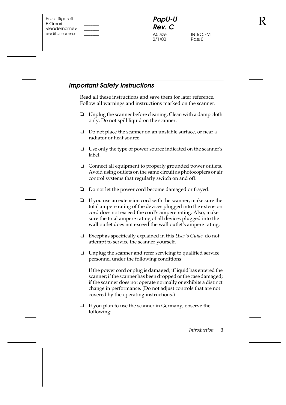 Important safety instructions, Papu-u rev. c | Epson GT-7000 User Manual | Page 11 / 120