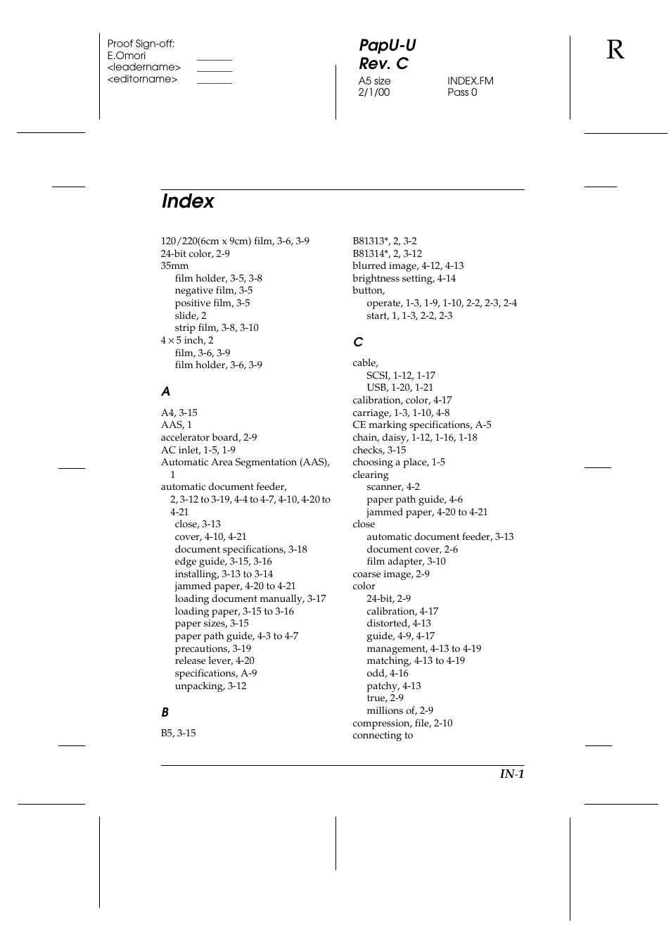 Index, Papu-u rev. c | Epson GT-7000 User Manual | Page 113 / 120